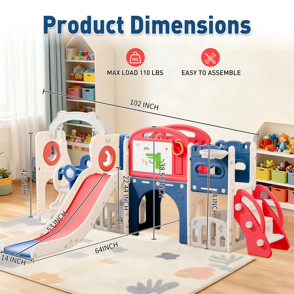 12 In 1 Indoor Outdoor Playset For Toddlers 1 3 Swing & Slide Combo, Durable Climber Basketball Hoop Ball Toddler Indoor Playset For Home Playground Red Blue
