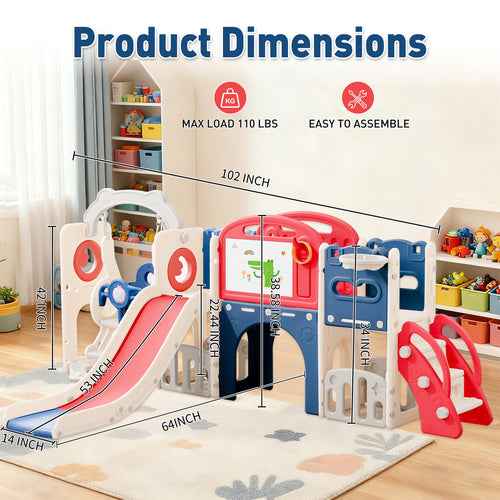 12 In 1 Indoor Outdoor Playset For Toddlers 1 3 Swing & Slide Combo, Durable Climber Basketball Hoop Ball Toddler Indoor Playset For Home Playground Red Blue