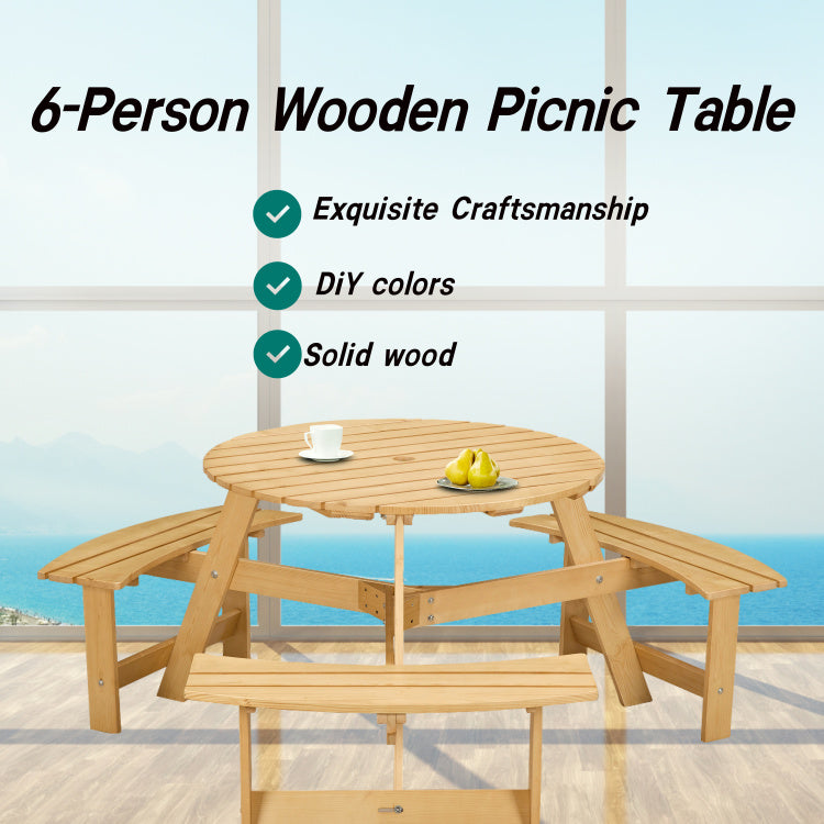 Outdoor 6 Person Picnic Table, 6 Person Round Picnic Table With 3 Built In Benches, Umbrella Hole, Outside Table And Bench Set For Garden, Backyard, Porch, Patio, Natural