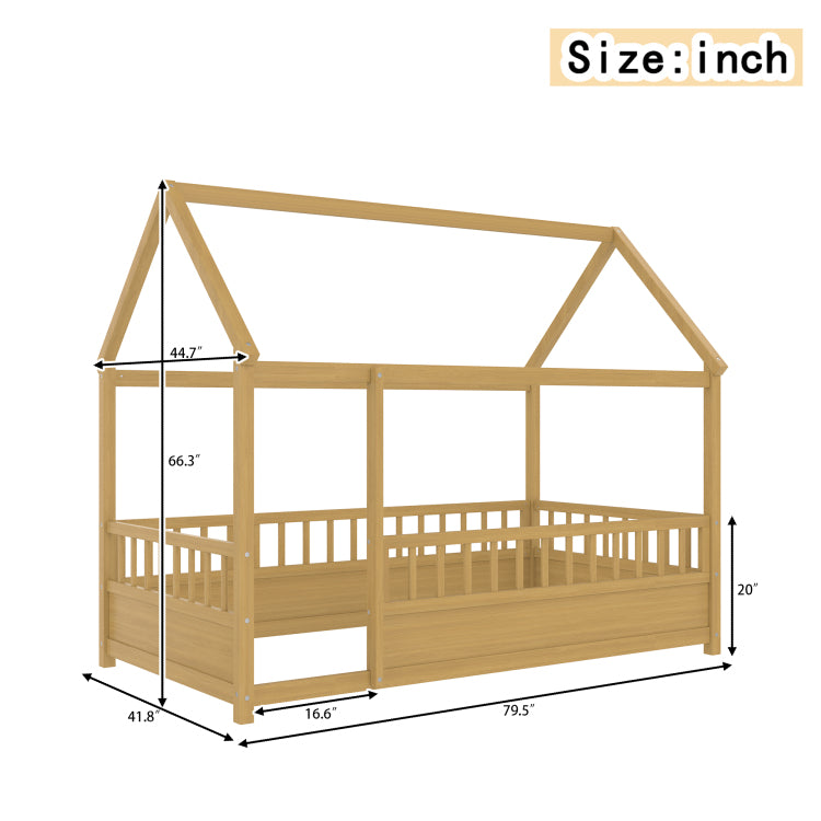 Twin Size Floor Wooden Bed With House Roof Frame, Fence Guardrails, Twin,Natural