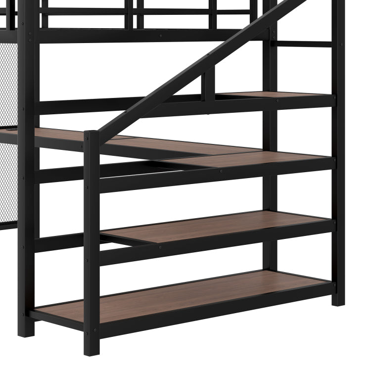 Queen Loft Bed With Desk And Storage Stairs, Metal Loft Beds With Led Lights, Usb Ports, Multifunctional Iron Nets, No Spring Box Needed And Noise Free, Black