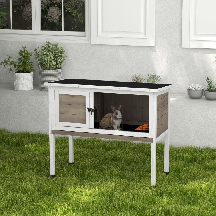 Pawhut Elevated Wooden Rabbit Hutch, Indoor Outdoor Bunny Cage With Hinged Asphalt Roof And Removable Tray For Single, Dwarf, Or Guinea Pig, Brown