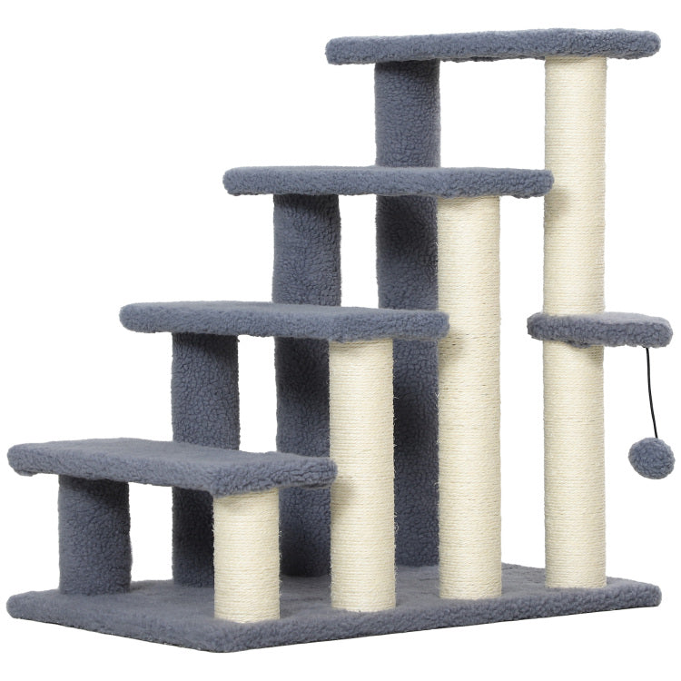 Pawhut 4 Levels Cat Steps, Pet Stairs Carpeted Ladder, Kitten Tree Climber With Scratching Posts, Hanging Play Ball, Side Step, For High Bed, Sofa, Gray