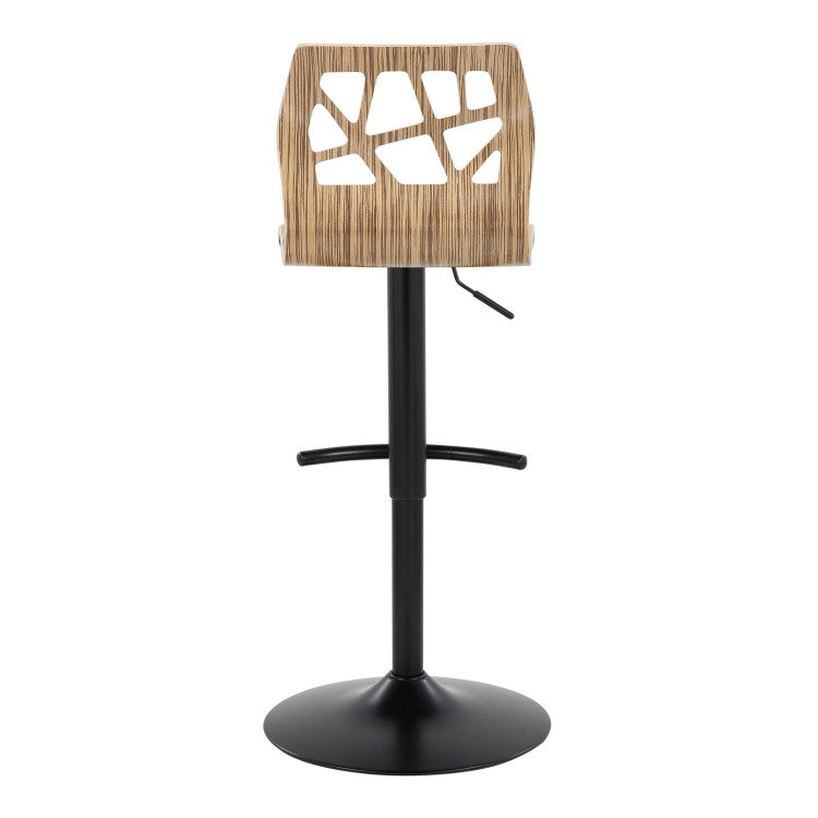 Folia Mid Century Modern Adjustable Barstool With Swivel In Black Metal, Zebra Wood And Cream Faux Leather With Rounded T Footrest Set Of 2