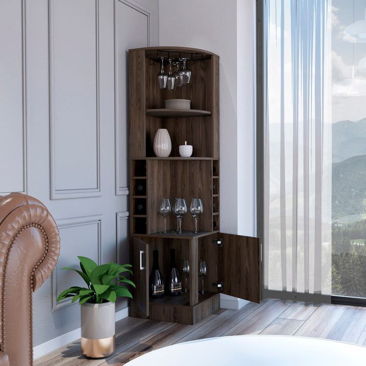 Corner Bar Cabinet, Two External Shelves, Dark Walnut