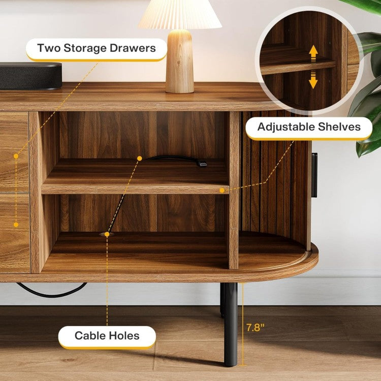 70.87" Walnut Mid Century Modern Fluted Tv Stand With Tambour Sliding Doors For Living Room