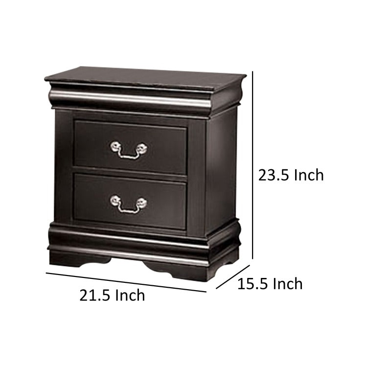 Ryla Nightstand, 2 Drawers, Black Solid Wood, Nickel Metal Drop Handles