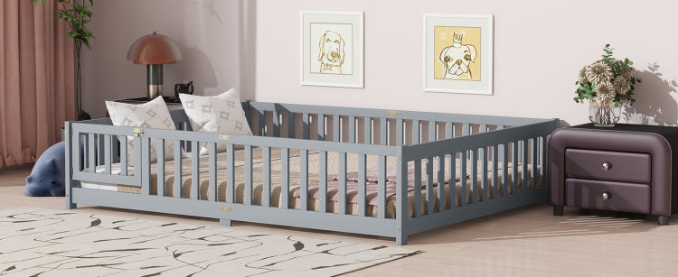 Queen Size Floor Bed With Fence,Door,Rubber Wood Floor Bed With Safety Guardrails,Grey