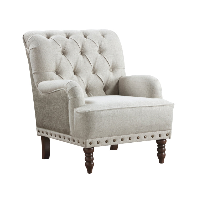 1Pc Beige Accent Chair Button Tufted Solid Wood Nailhead Trim Fabric Upholstery Luxury Living Room Furniture