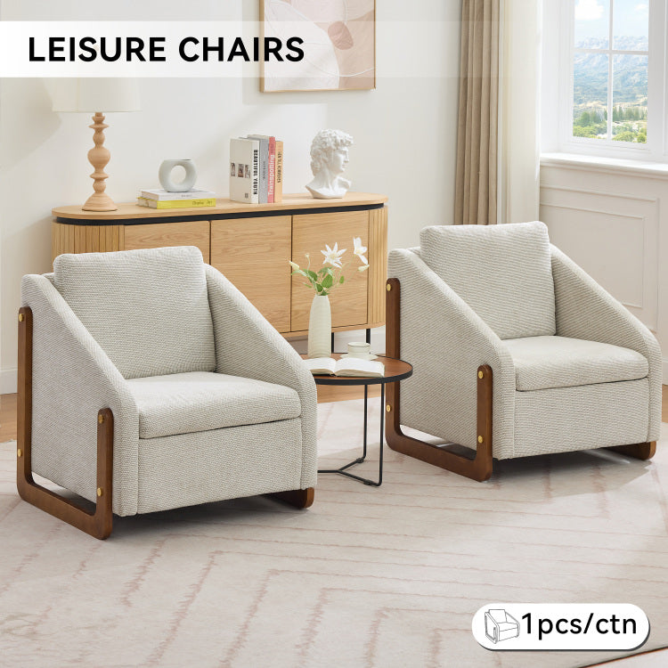 057 Set Of 1 Chenille Fabric Modern Upholstered Armchair With Wooden Side Frame , Accent Leisure Chair With Cushioned Seat And Backrest For Living Room, Bedroom,Beige