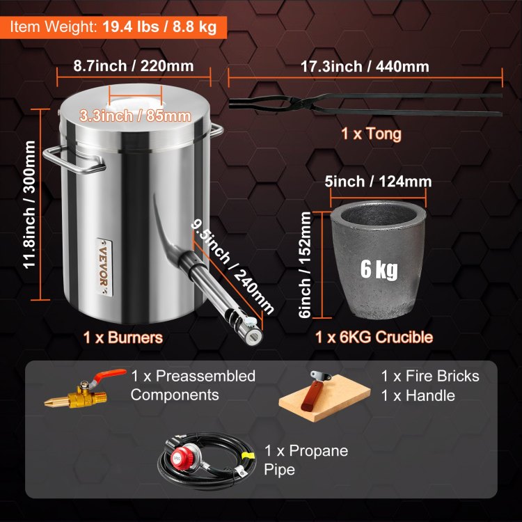 6Kg Propane Melting Furnace Kit Melting Furnace Stainless Steel 2700