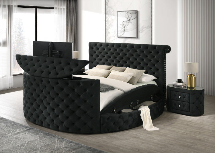 Luxurious 1Pc Oval Nightstand Plush Tufted Upholstery 8Mm Tempered Glass Top Rounded Sides Two Storage Drawers Sparkling Knobs Wooden Bedroom Furniture Black