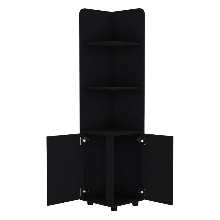 Corner Cabinet 62H" Tall With 3 Tier Shelf And 2 Door, Black