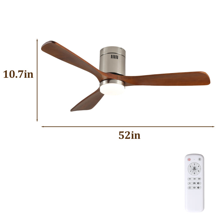 52 Inch With Light, 3 Light Walnut Solid Wood Blades,Remote Control,6 Speed Reversible Dc Motor For Bed Room,Dining Room,Living Room