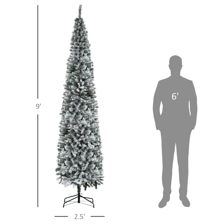 Homcom 9' Tall Unlit Snow Flocked Slim Artificial Christmas Tree With Realistic Branches And 1014 Tips