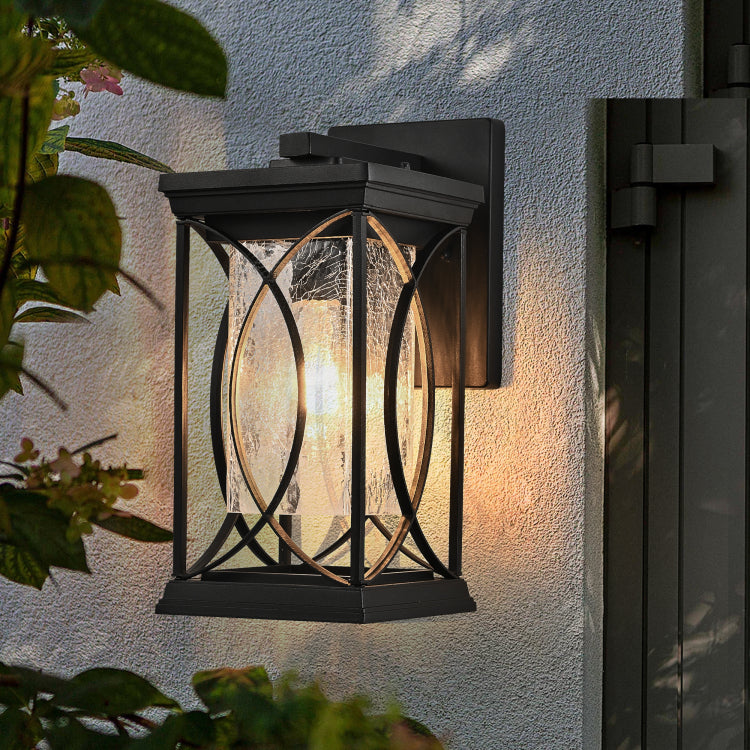 14" H 1 Pack Black Outdoor Wall Lantern With Crackled Glass, Weather Resistant Exterior Light Fixture For Porch, Patio, And Entryway, Modern Decorative Wall Sconce With E26 Base Bulb Not Included