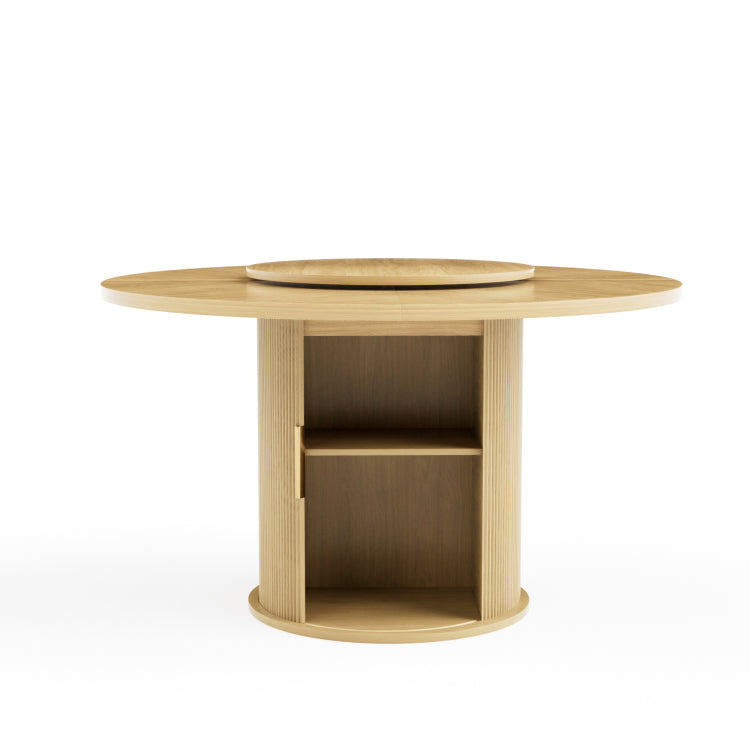 55 Inch Round Dining Table For Six, Featuring A Double Tiered Storage Rack And A Rotating Tabletop Tray. Wooden Wavy Striped Sliding Doors. Ideal For Home Dining Room Living Room Natural
