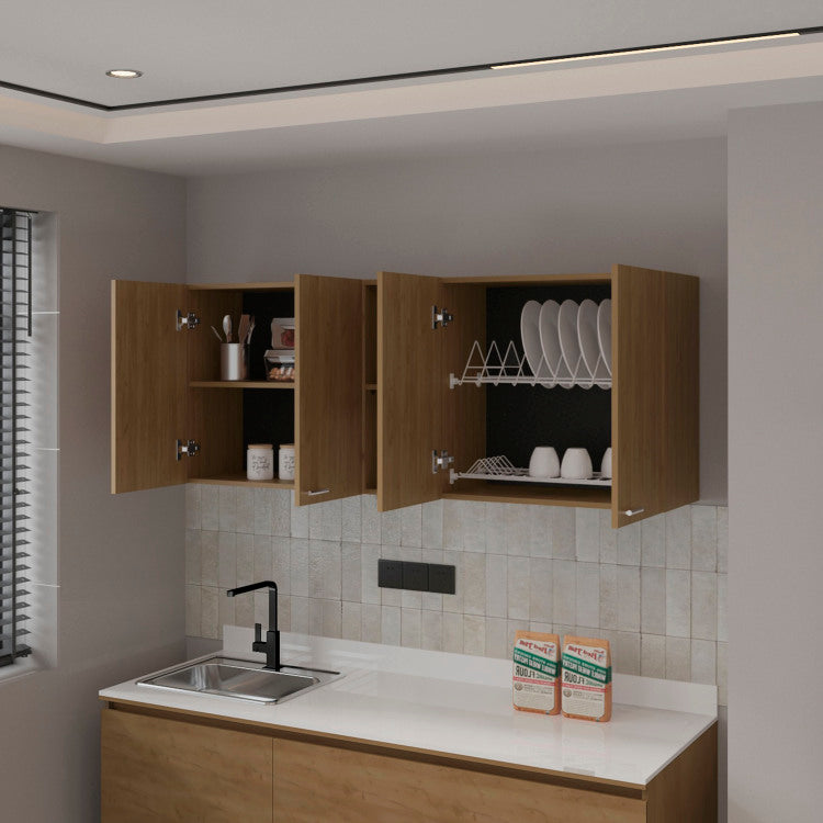 Luray Wall Cabinet Kitchen In Melamine Wit 4 Doors And Open Storage, Natural Oak