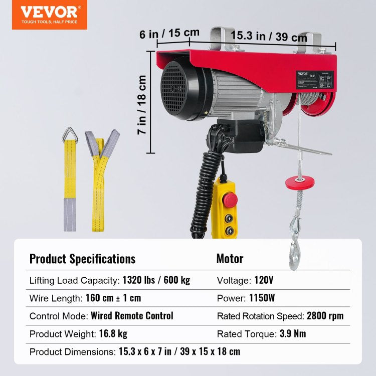 Electric Hoist, 1320 Lbs Lifting Capacity, 1150W 110V Electric Steel Wire Winch With 14Ft Wired Remote Control, 40Ft Single Cable Lifting Height & Pure Copper Motor, For Garage Warehouse Factory