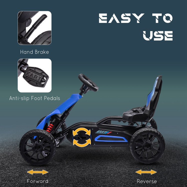 Aosom Kids Pedal Go Kart, Outdoor Ride On Toy With Adjustable Seat, Swing Axle, Handbrake, 4 Non Slip Eva Wheels For Boys And Girls Aged 3 8 Years Old, Blue