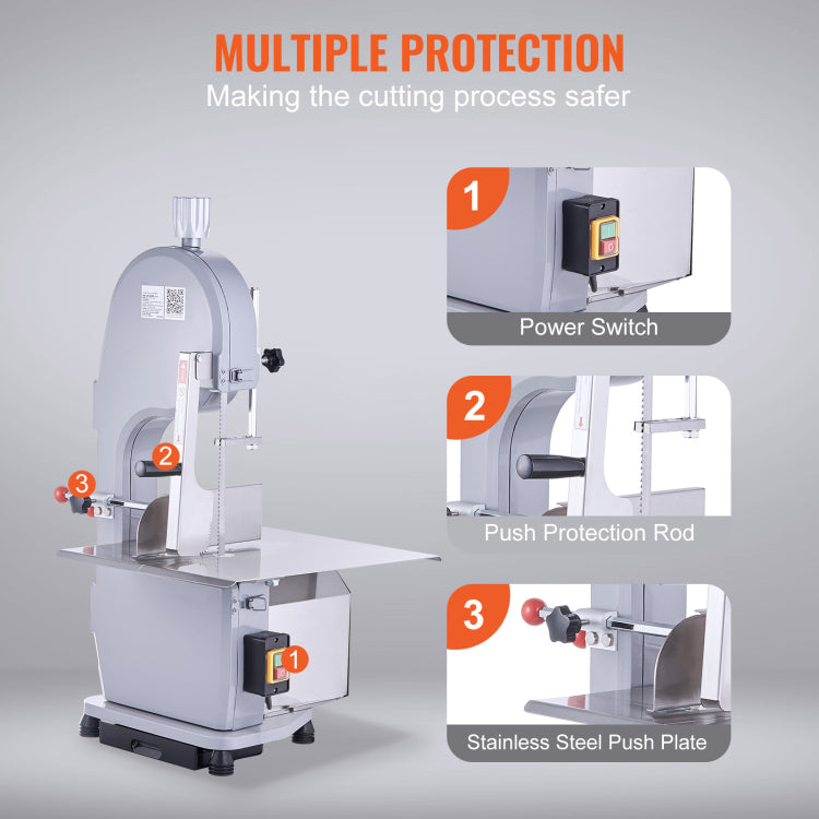 Commercial Electric Meat Bandsaw, 1500W Stainless Steel Countertop Bone Sawing Machine, Workbeach 19.3" X 15", 0.16 7.9 Inch Cutting Thickness, Frozen Meat Cutter With 6 Blades For Rib Pork Beef