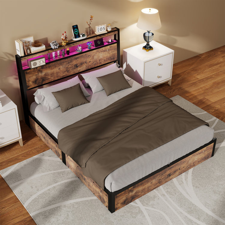 Full Size Rustic Brown Hydraulic Lift Storage Bed Frame Metal Noise Free Structure Rgb Led Lights Usb Type C Charging Station, No Box Spring Needed
