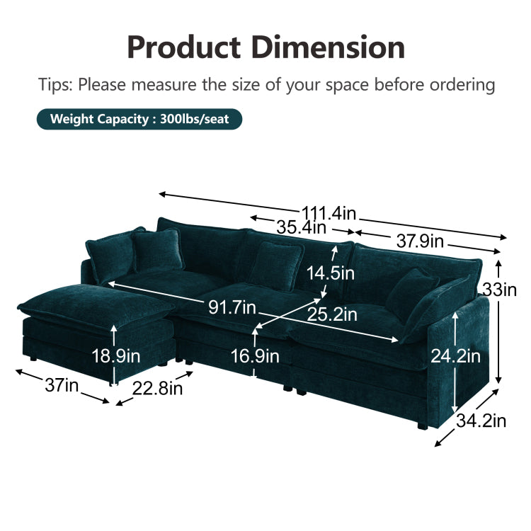 Free Combination Comfy Upholstery Modular Oversized L Shaped Sectional Sofa With Reversible Ottoman, Blue Chenille