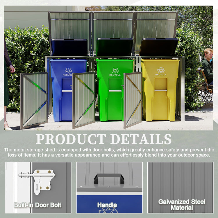 Garbage Bin Shed Stores 3 Trash Cans With Pneumatic Support Rod, With Lockable Doors & Waterproof Lid Chain, For Patio,Garden,Backyard,Grey