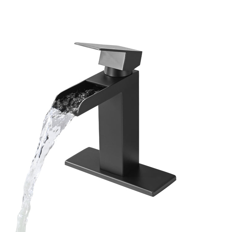 Waterfall Bathroom Faucet Black Single Handle Bathroom Sink Faucets 1 Or 3 Hole Solid Vanity Faucet With Deck Plate & Overflow Pop Up Drain Matte Black