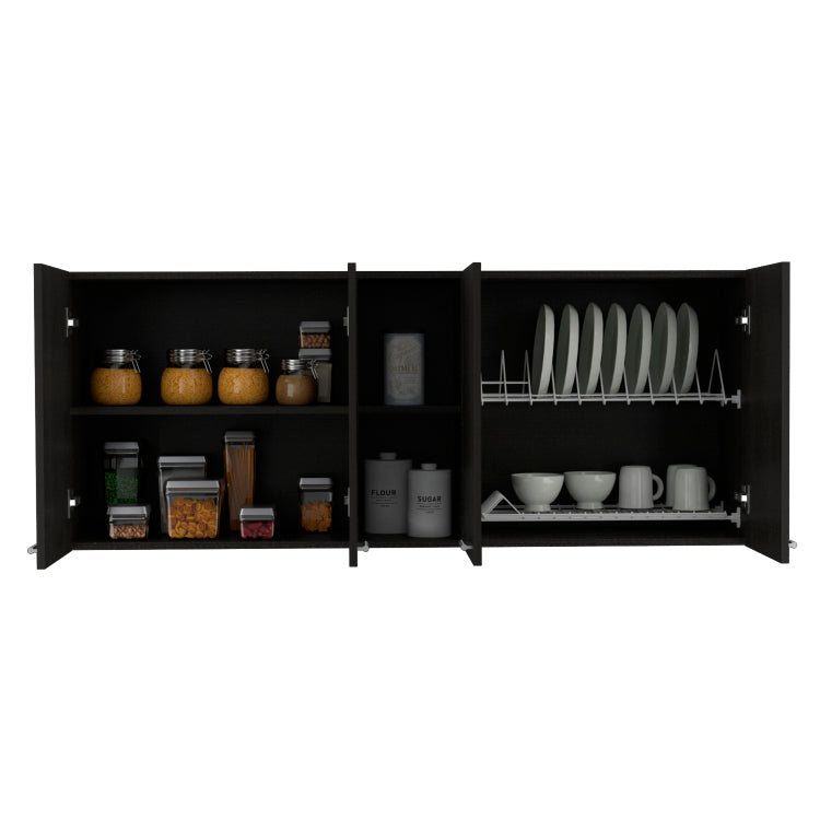 Wall Cabinet 24" H, Four Doors, Two Open Storage Shelves, Two Internal Shelves, Internal Dish And Glass Organizer, Black