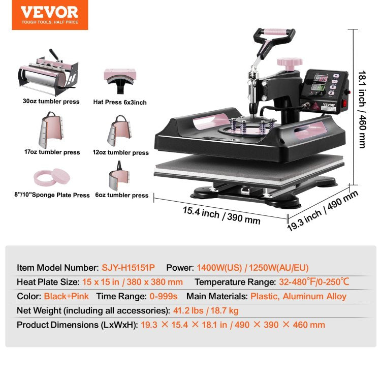 8 In 1 Heat Press Machine 15X15 In 30Oz Tumbler Press T Shirts Black