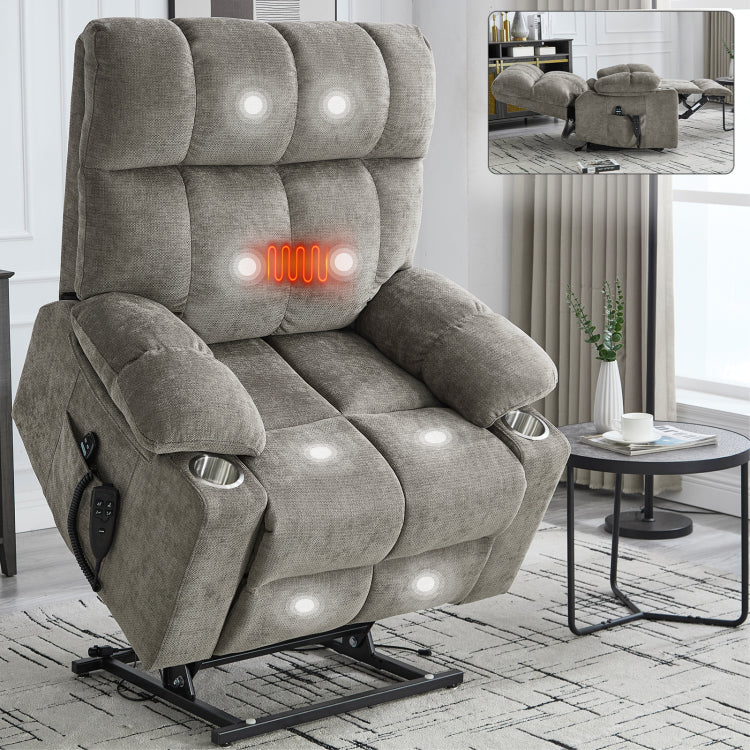 Brown Dual Motor Infinite Position Up To 350 Lbs Chenille Power Lift Recliner Chair, Heavy Duty Motion Mechanism With 8 Point Vibration Massage And Lumbar Heating, Dual Cup Holders