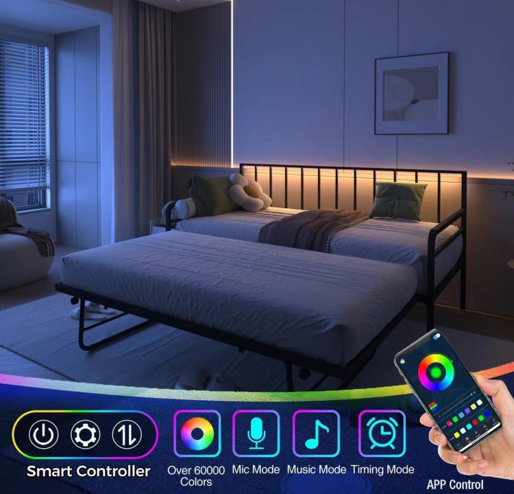 Twin Daybed With Rgb Led Lights & Charging Station, Height Adjustable Day Bed Frame With Trundle, Versatile Metal Sofa Bed Frame For Bedroom, Living Room, Guest Room, Black