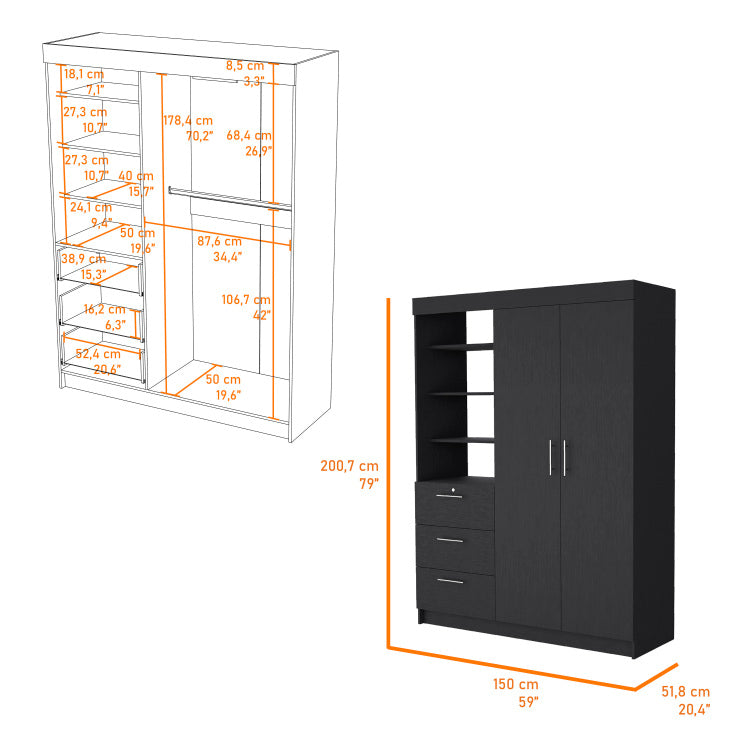 Tempe 3 Drawers Armoire, 3 Tier Shelf, 2 Door