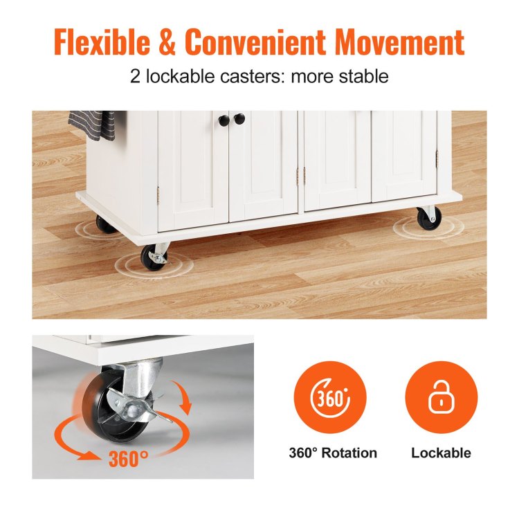 Kitchen Island Cart With Solid Wood Top, 35.4" Width Mobile Carts With Storage Cabinet, Rolling Kitchen Table With Spice Rack, Towel Rack, And Drawer, Portable Islands On Wheels, White