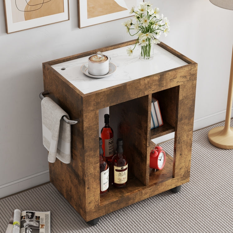 Mid Century Modern Style Movable Side Cabinet For Sofa, Household Brown Trolley Storage Locker And Shelf For Living Room