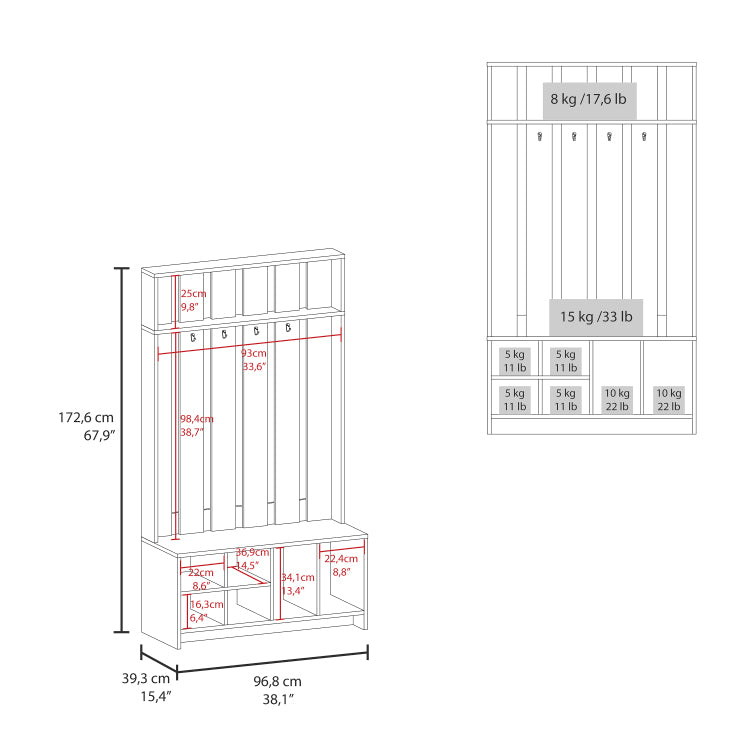 Tulcan 38" Wide Hall Tree With Bench And Shoe Storage, Entryway Bench With Coat Rack