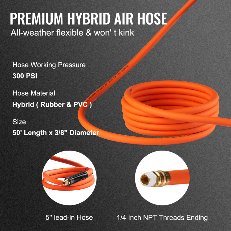 Retractable Air Hose Reel, 3 8 In X 50 Ft Hybrid Air Hose Max 300Psi, Air Compressor Hose Reel With 5 Ft Lead In, Ceiling Wall Mount Heavy Duty Single Arm Steel Reel