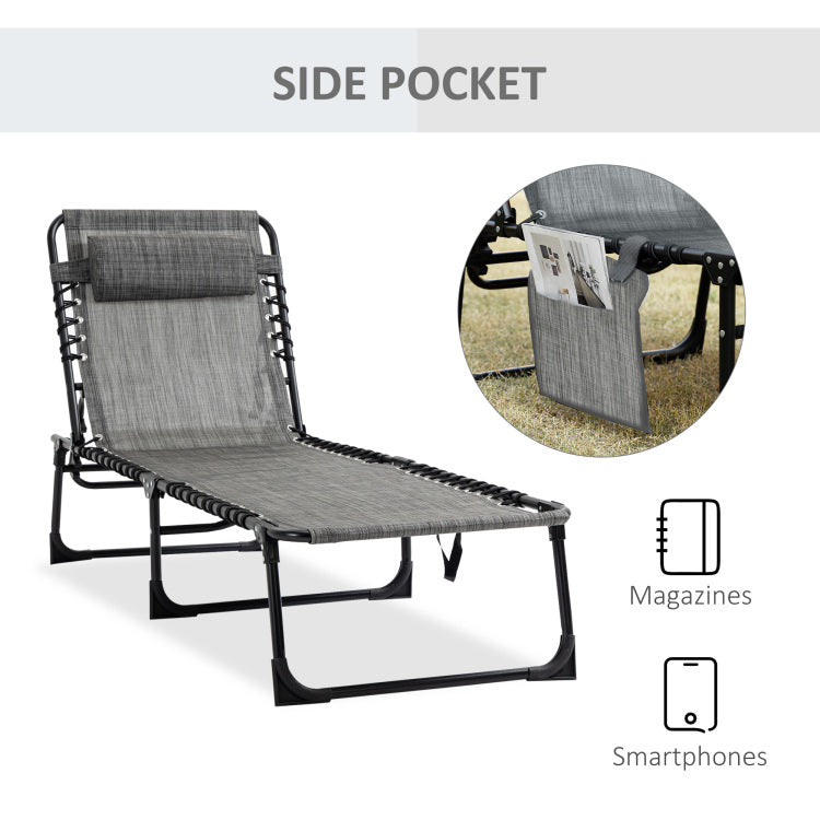 Outsunny Reclining Chaise Lounge Chair, Portable Sun Lounger, Folding Camping Cot, With Adjustable Backrest And Removable Pillow, For Patio, Garden, Beach, Grey