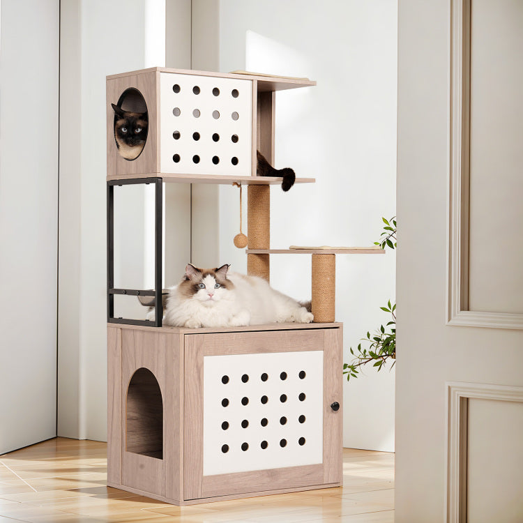 Cat Tree With Litter Box Enclosure, All In One Cat Tower For Indoor Cats With Large Hammock, Bed, Food Station, Scratching Posts, Modern Style Pet Furniture, Gray White