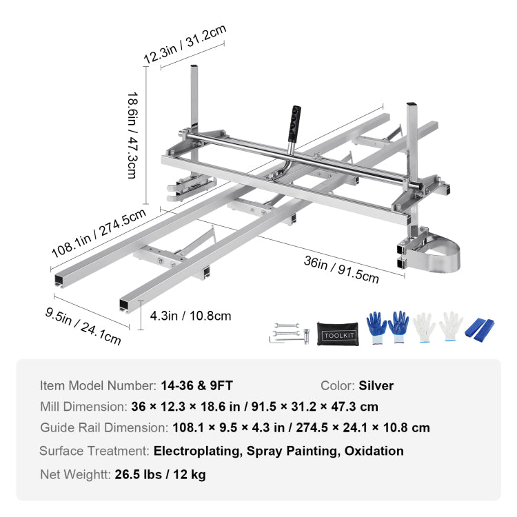 Chainsaw Mill And Rail Mill Guide System, Portable Sawmill 14" 36" Guide Bar, 9Ft Aluminum Saw Milling Rail Guide With Chainsaw Planking Mill For Woodworkers And Carpenters