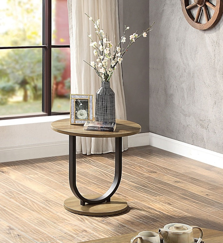 Industrial Style 3Pc Coffee Table Rustic Oak And Sand Black Finish U Shape Base Steel 1X Oval Coffee Table 2X Round End Table Replicated Wood Top