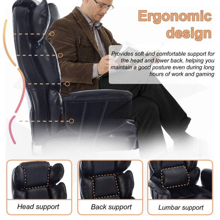 Big And Tall Office Chair 500Lbs, Ergonomic High Back Leather Executive Desk Chair For Heavy People, Wide Seat & Lumbar Support, Clamshell Armrests Black