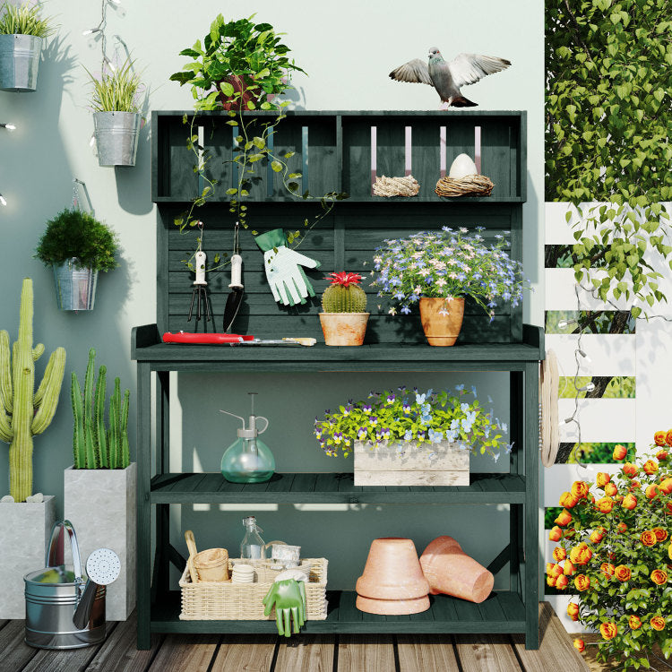 65" Large Wooden Farmhouse Rustic Outdoor Potting Bench Table, Patio Workstation, Garden Potting Bench With 4 Storage Shelves And Side Hook, Forest Green