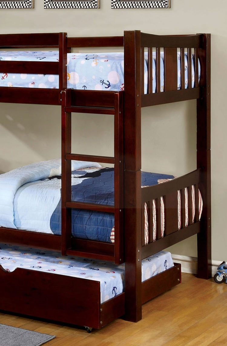 Twin Over Twin Transitional Style Bunk Bed Dark Walnut Finish Attached Ladder Rails And Lock Joint Structure Trundle Included Espresso Finish