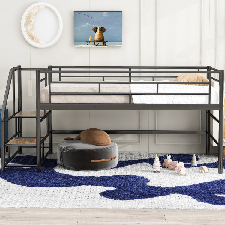 Mid Loft Bed With Storage Stairs, Twin, Black