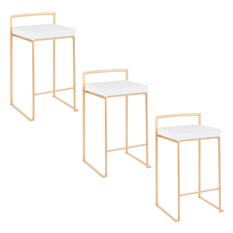 26" Contemporary Stackable Counter Stool In Gold Metal With White Velvet Cushion Set Of 3
