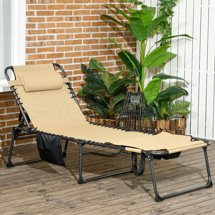 Outsunny Folding Chaise Lounge With 5 Level Reclining Back, Outdoor Tanning Chair With Reading Face Hole, Outdoor Lounge Chair With Side Pocket & Headrest For Beach, Yard, Patio, Beige