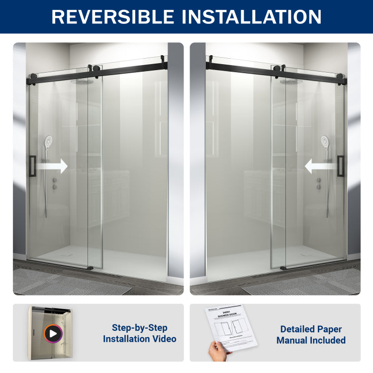 56" 60" W X 76" H Frameless Soft Closing Single Sliding Shower Door, 3 8" 10Mm Tempered Glass With Easy Cleaning Nano Coating, Matte Black 22D01 60Mb