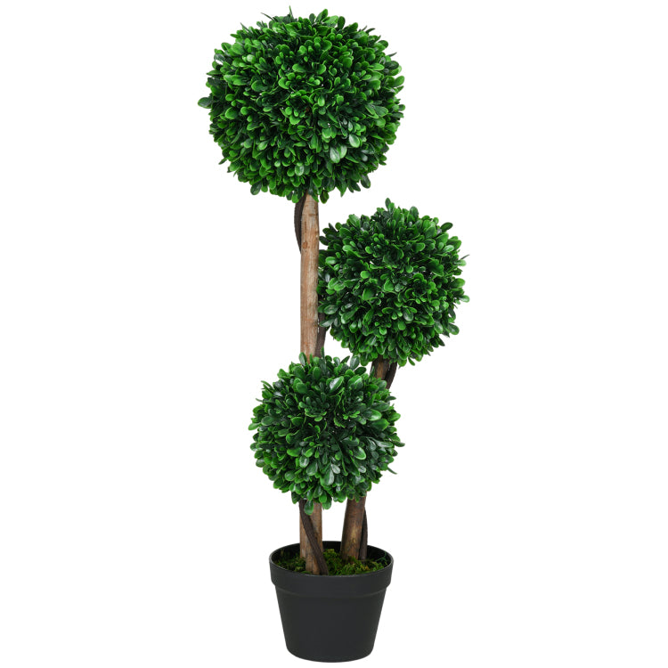 Homcom 3Ft 35.5" Artificial 3 Ball Boxwood Topiary Tree With Pot, Indoor Outdoor Fake Plant For Home Office, Living Room Decor